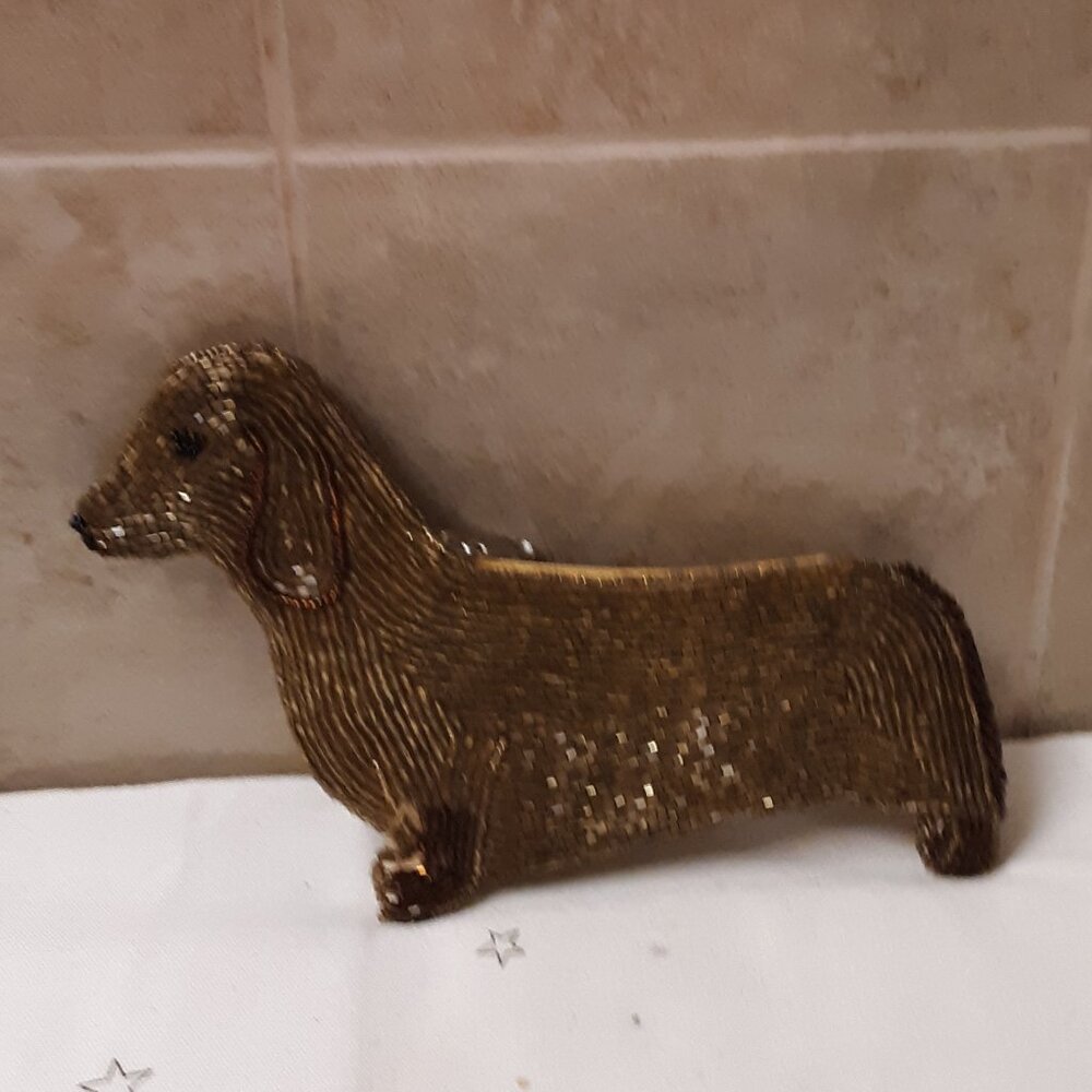 Vintage Gold Light Brown Hand Beaded Dachshund Dog Coin Purse Wallet Rare Unused - Picture 6 of 13
